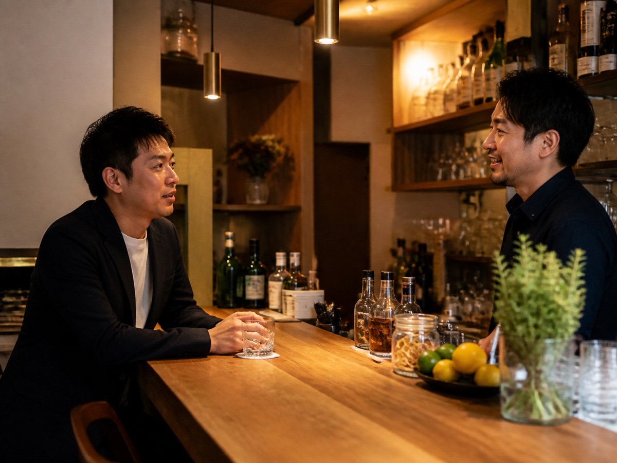 カウンターで会話を楽しむ一人客